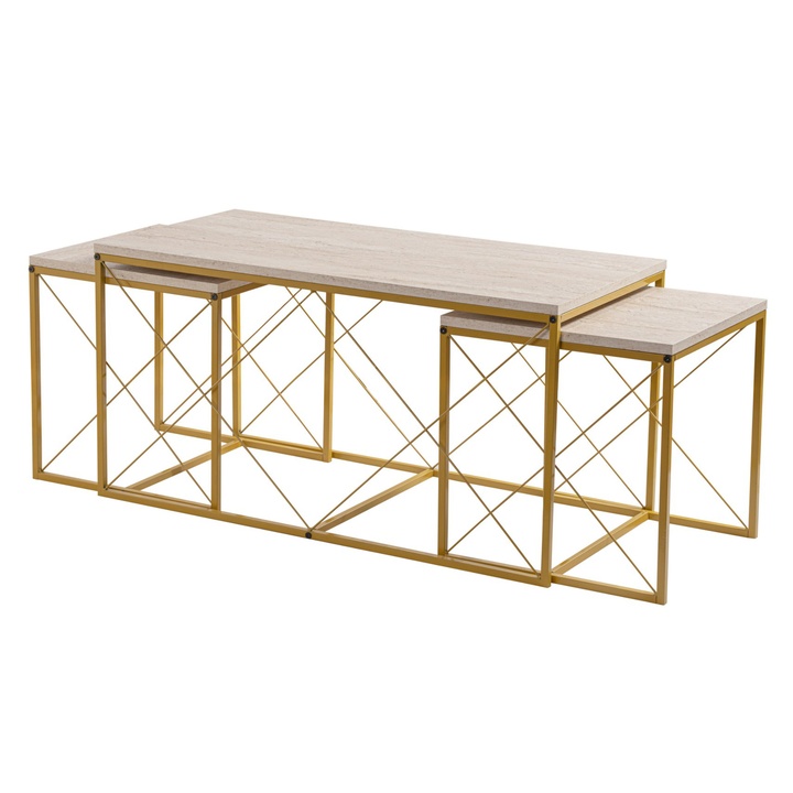 Konferenčný stolík DEFNE travertín/zlatá, sada 3 ks 1