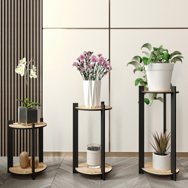 Stojan na kvety FLOWER dub/čierna, sada 3 ks 1