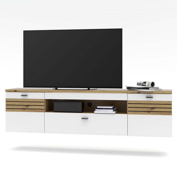Závesná TV komoda FRESNO biela/dub artisan, šírka 200 cm 1