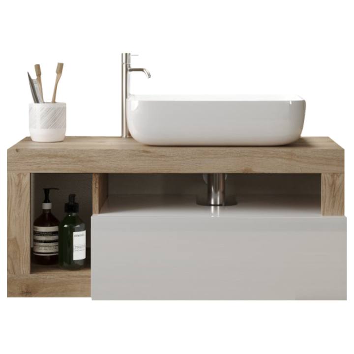 Nástenná umývadlová skrinka s umývadlom HAMBURG 6 biela lesklá/dub cadiz 1