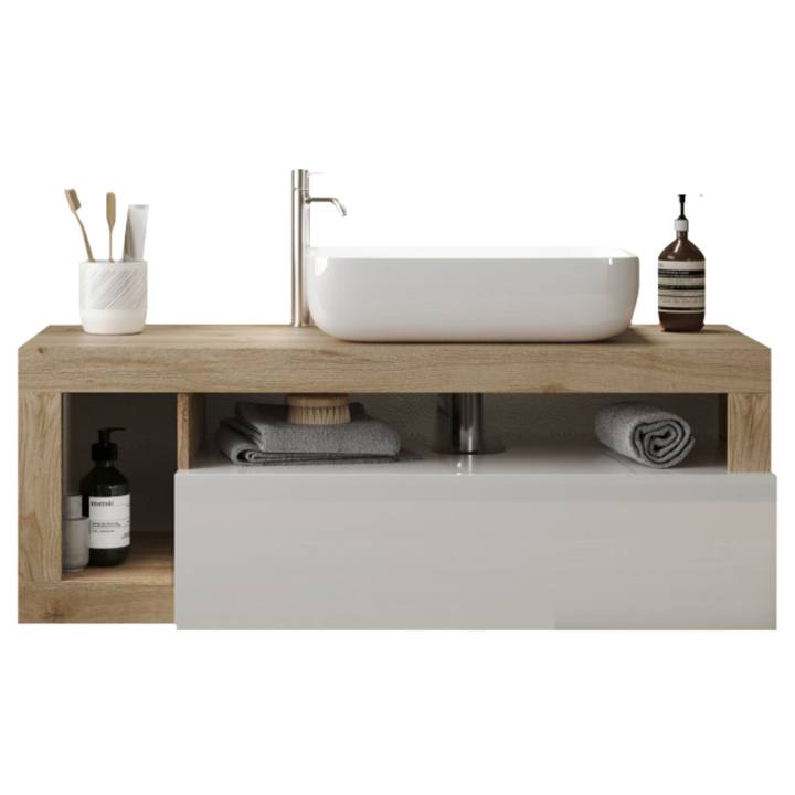 Nástenná umývadlová skrinka s umývadlom HAMBURG 7 biela lesklá/dub cadiz 1