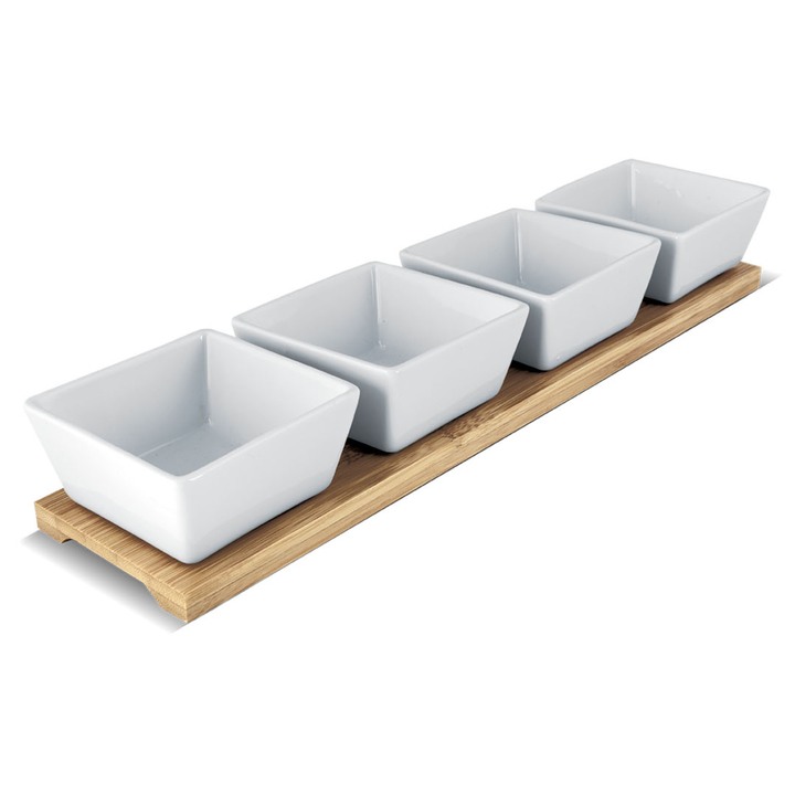 Misky s podnosom LAMART porcelán/bambus, 4 ks 1
