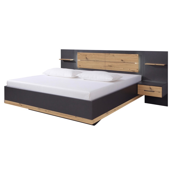 Posteľ s nočnými stolíkmi NEWTON tmavosivá/dub artisan, 180x200 cm 1