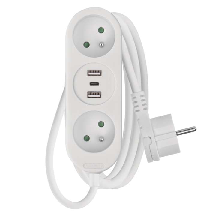 Predlžovací kábel P0211E biela, 2 zásuvky, 2xUSB, 1xUSB-C, dĺžka 1,4 m 1