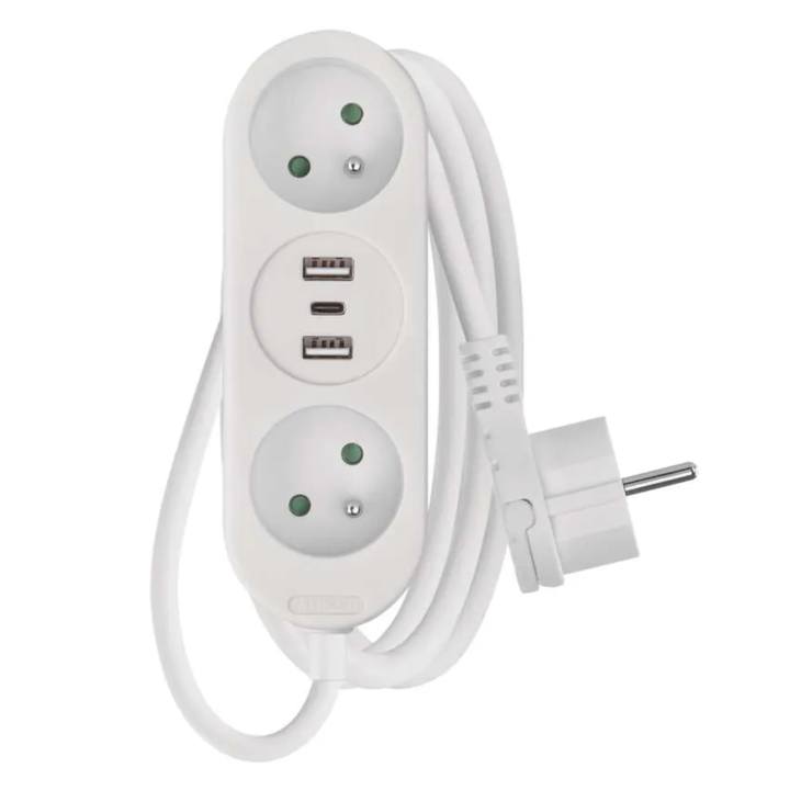 Predlžovací kábel P0212U biela, 2 zásuvky, 2x USB, 1x USB-C, dĺžka 2 m 1