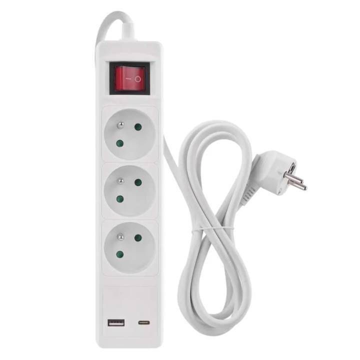 Predlžovací kábel s vypínačom P1312CU biela, 3 zásuvky, 1x USB-A, 1x USB-C, dĺžka 2 m 1