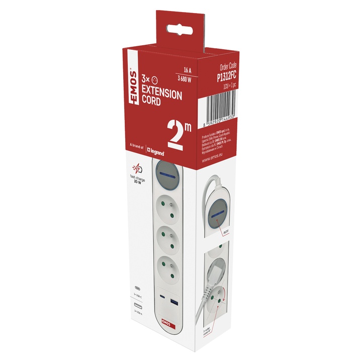 Predlžovací kábel s vypínačom P1312FC biela/sivá, 3 zásuvky, 2 USB porty, dĺžka 2 m 1