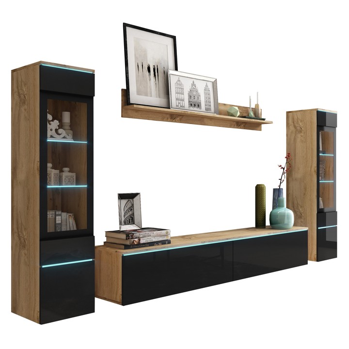 Obývacia stena PAVIA II dub wotan/čierna lesklá 1