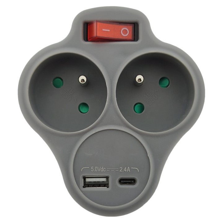 Rozbočovacia zásuvka Q-416F sivá, 2x zásuvka, 2x USB, s vypínačom 1