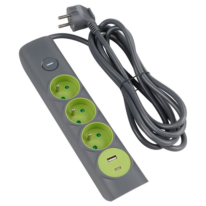 Predlžovací kábel s vypínačom RPC 73 sivá, 3 zásuvky, 1x USB-A, 1x USB-C, dĺžka 1,4 m 1