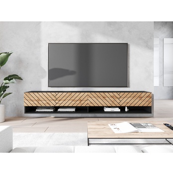 TV komoda AGATHE 180 čierna/dub wotan/vzor rybia kosť 1