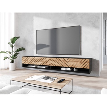 TV komoda AGATHE 180 čierna/dub wotan/vzor rybia kosť 3