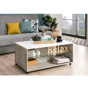 Konferenčný stolík BARNABY betón/biela vysoký lesk 1