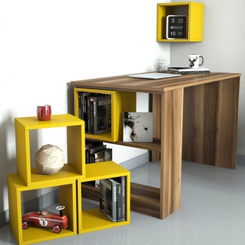 Písací stôl BOX orech/žltá 2