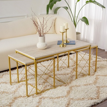Konferenčný stolík DEFNE travertín/zlatá, sada 3 ks 1