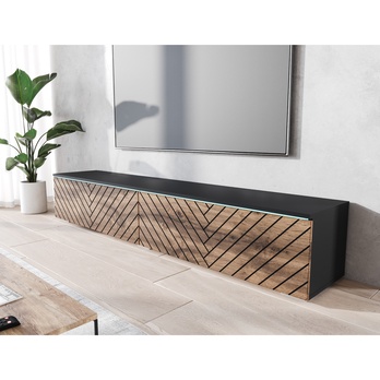 TV komoda DOROTHE 180 dub wotan/čierna/vzor rybia kosť 2