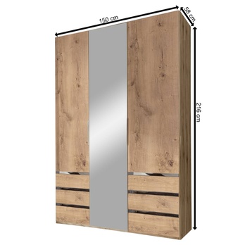 Šatníková skriňa ELIOT dub doskový, 3 dvere, zrkadlo 4