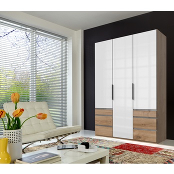 Šatníková skriňa ELIOT dub doskový/biela lak, 3 dvere 1