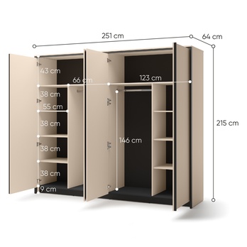 Šatníková skriňa ENNA piesková/čierna, šírka 250 cm 3