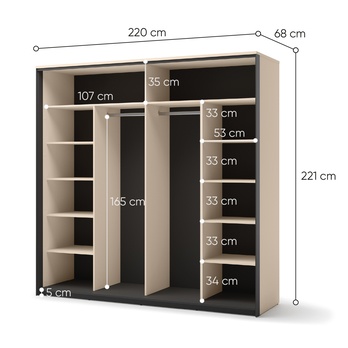 Šatníková skriňa ENNA piesková/čierna, šírka 220 cm 4