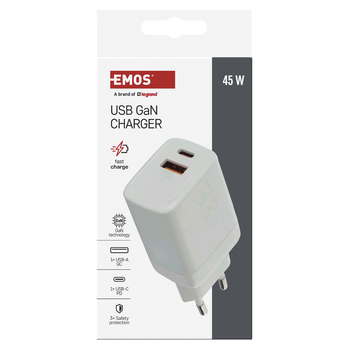 USB adaptér GAN biela, 1x USB-A, 1x USB-C, 45W 2