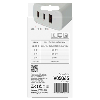 USB adaptér GAN biela, 1x USB-A, 2x USB-C, 65W 3