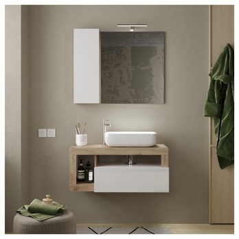 Nástenná umývadlová skrinka s umývadlom HAMBURG 6 biela lesklá/dub cadiz 1