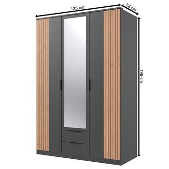 Šatníková skriňa so zrkadlom LONA grafitová, šírka 135 cm 5
