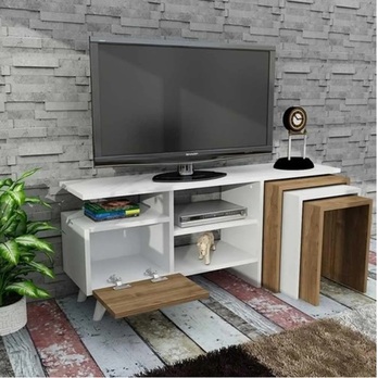 TV komoda s prístavnými stolíkmi NATURE biela/orech 1