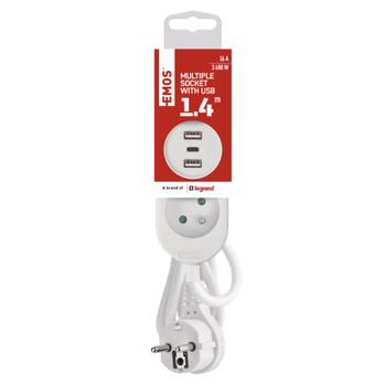 Predlžovací kábel P0211E biela, 2 zásuvky, 2xUSB, 1xUSB-C, dĺžka 1,4 m 6