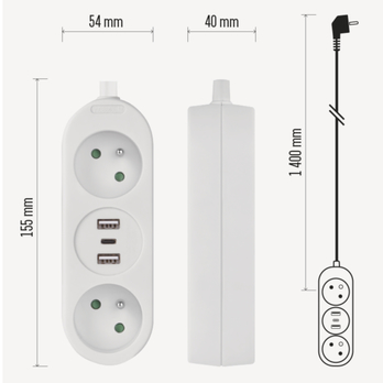 Predlžovací kábel P0211E biela, 2 zásuvky, 2xUSB, 1xUSB-C, dĺžka 1,4 m 8
