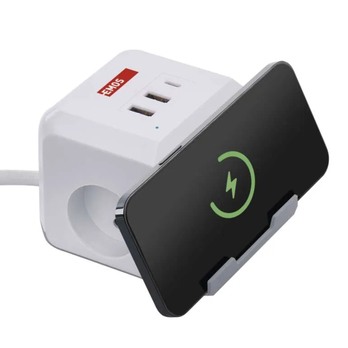 Predlžovací kábel P0212CQ biela, 2 zásuvky, 2x USB-A, 1x USB-C, Qi, dĺžka 2 m 2