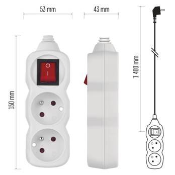 Predlžovací kábel s vypínačom P12114 biela, 2 zásuvky, dĺžka 1,4 m 8