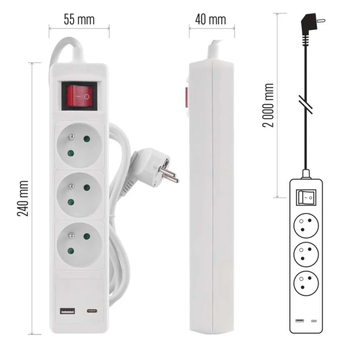 Predlžovací kábel s vypínačom P1312CU biela, 3 zásuvky, 1x USB-A, 1x USB-C, dĺžka 2 m 8