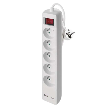 Predlžovací kábel s vypínačom P1513CU biela, 5 zásuviek, 2 USB porty, dĺžka 3 m 6