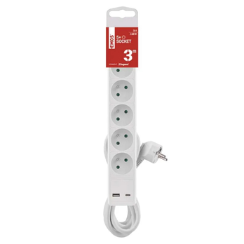 Predlžovací kábel s vypínačom P1513CU biela, 5 zásuviek, 2 USB porty, dĺžka 3 m 7