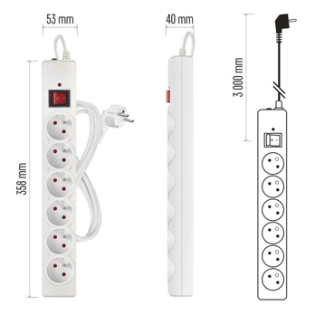 Prepäťová ochrana P54016/19 biela, 6 zásuviek, dĺžka 3 m, absorpcia 380 J 6