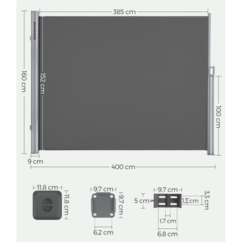 Bočná markíza PRIVACY sivá, 160x400 cm 5