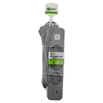 Predlžovací kábel s vypínačom Q-417F sivá, 3 zásuvky, 1x USB-A, 1x USB-C, dĺžka 2 m 1