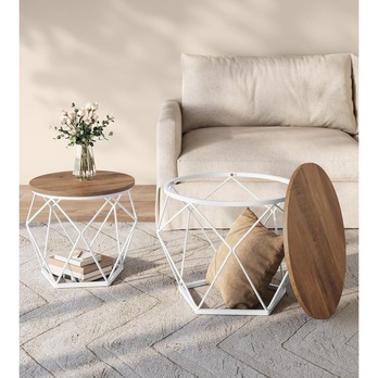 Sada 2 ks prístavných stolíkov ROUND biela/hnedá 1