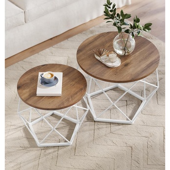 Sada 2 ks prístavných stolíkov ROUND biela/hnedá 2