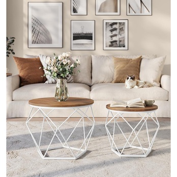 Sada 2 ks prístavných stolíkov ROUND biela/hnedá 3