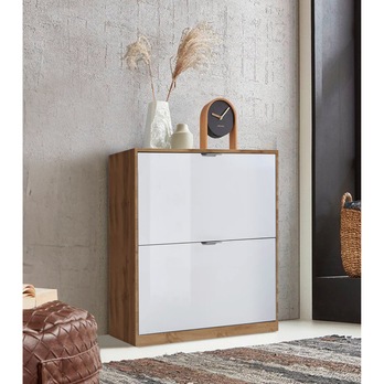 Skrinka na topánky YORO 2 dub wotan/biela vysoký lesk 1