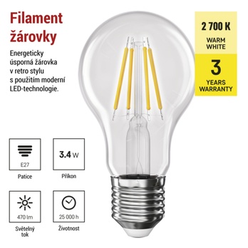 LED žiarovka filament ZF5D22 E27, 3,4 W, teplá biela 3